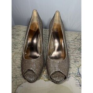 Nine West Sparkle Peep Toe Heels 9 Gold Glitter High Heel Pumps Holiday Party